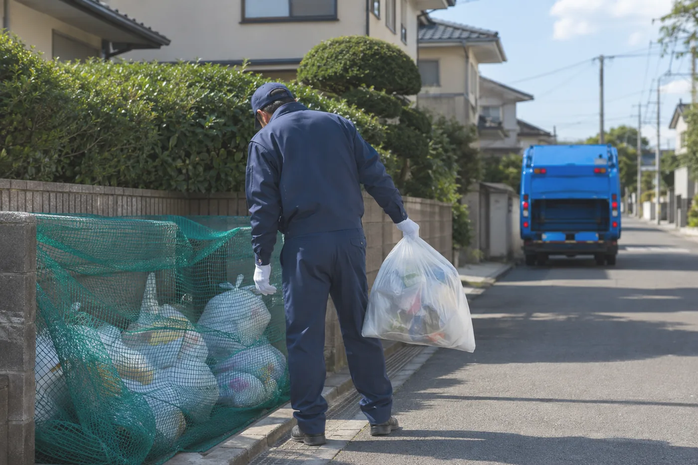 住宅街のごみ集積所から家庭ごみを収集する様子